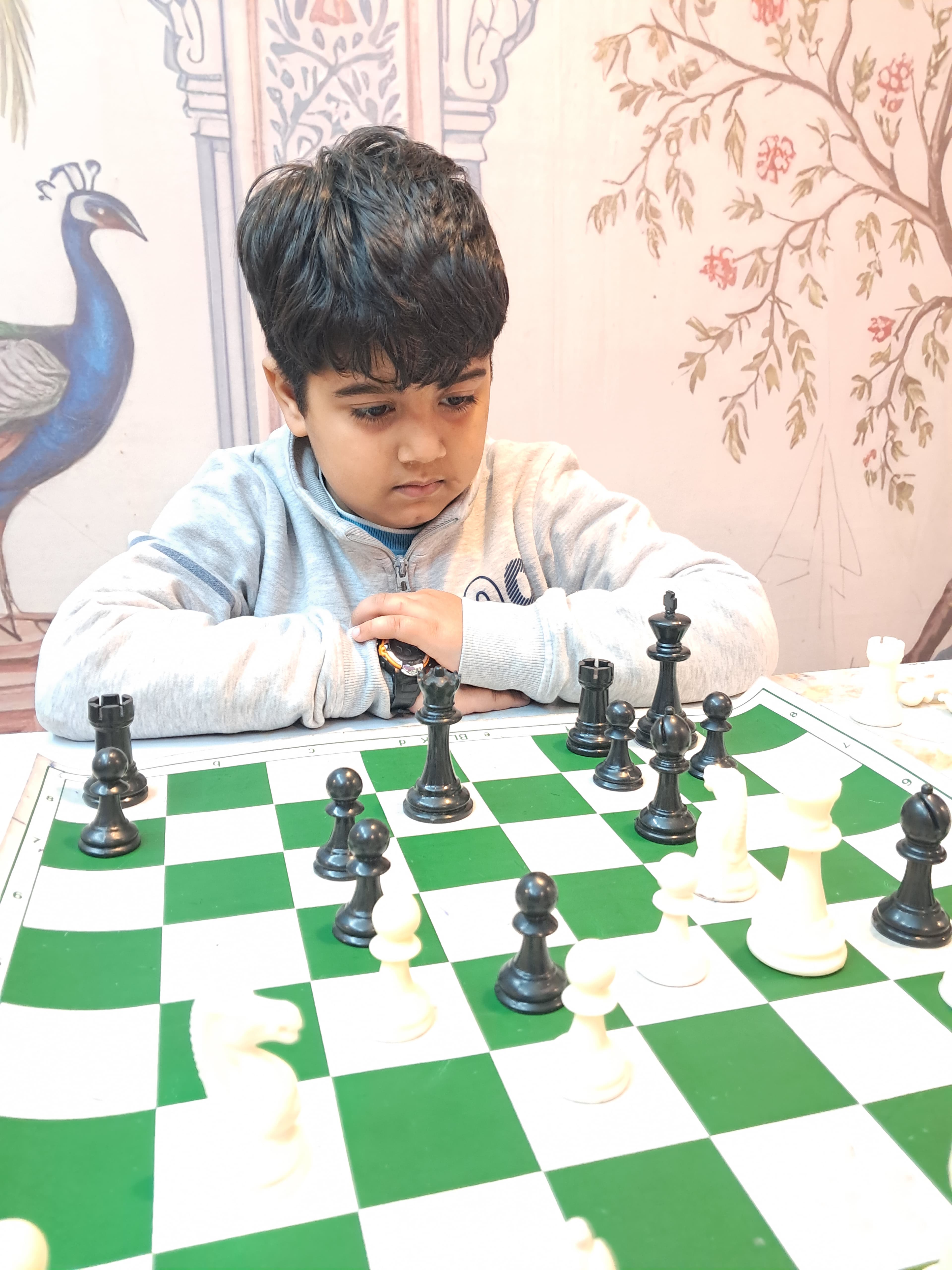 Students engaged in guided chess lesson indoors